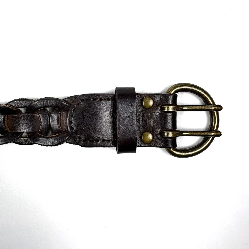 Old Navy Interlocking Chain Genuine Leather Belt Womens‎ Sz XS/S Brown Brass Dbl